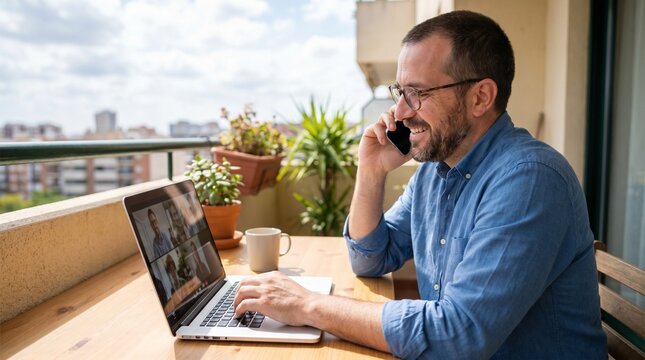 Happy man using laptop and smartphone while telecommuting in cosy cafe, remote work lifestyle, freelance entrepreneur, digital communication, social media browsing and productive workday concept