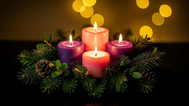 Cozy warm advent wreath with four glowing candles and festive holiday decorations
