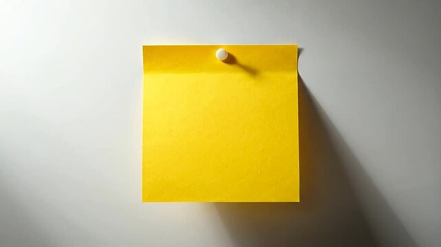 A blank yellow sticky note is attached to a white wall with a pushpin