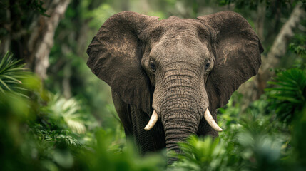 A majestic elephant standing within the dense green foliage of a vibrant jungle, a moment of profound connection with one of nature's most iconic creatures.