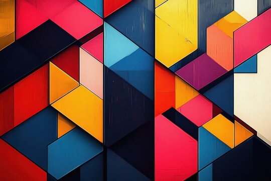 vibrant angular geometric mosaic of 3d cubes, blocks, triangles and parallelograms in bold red, pink, yellow, blue, teal and navy conveying a playful energetic mood