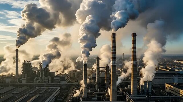 Industrial factory chimneys emitting large plumes of smoke into the sky during the day