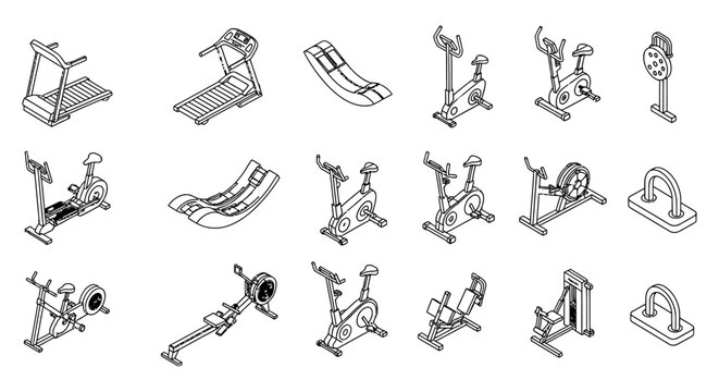 isometric outline icons illustrating gym equipment and fitness machines for exercise healthy lifestyle and wellness apps or infographics.