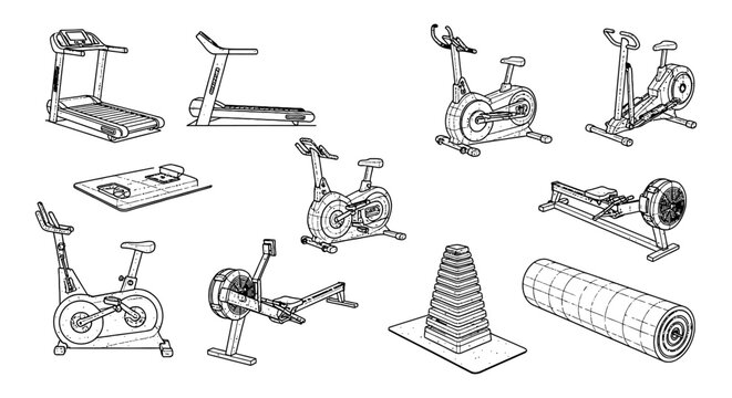 gym equipment fitness machines exercise gear and workout equipment line art set ideal for training and health concepts.