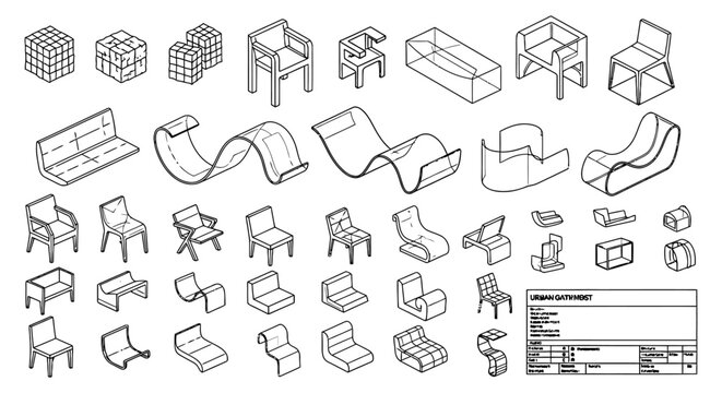 furniture design isometric drawing of a modern chair collection in minimalist line art perfect for architectural and interior design concepts