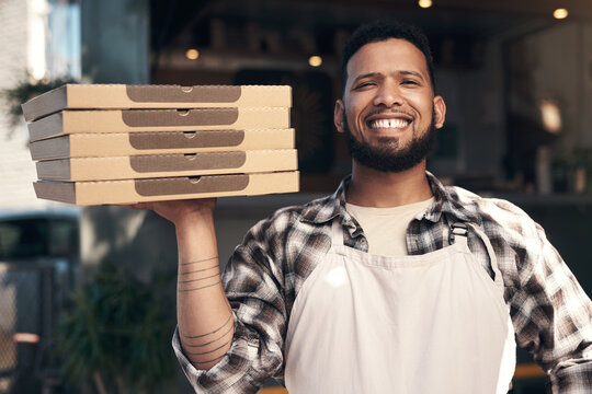 Portrait, man and boxes with pizza at restaurant for food order, dish preparation and delivery. Male person, chef and Italian recipe for meal takeaway, culinary skills and pastry cuisine for catering