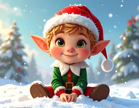 A cheerful cartoon elf sitting in the snow