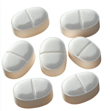 Seven white oval scored tablets on a white background, evoking a clinical sterile mood