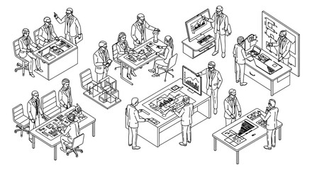 Obraz premium business people analyzing data with advanced technology and augmented reality in a modern office highlighting teamwork and digital transformation.