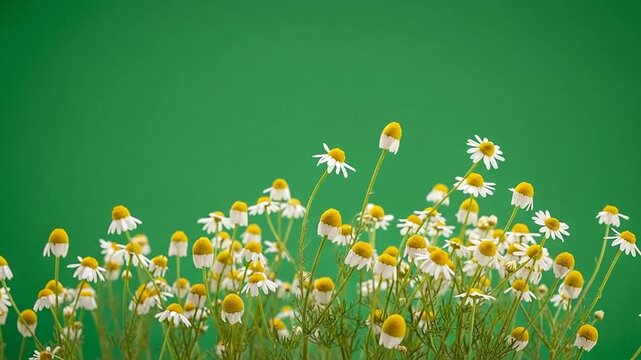 A field of small white and yellow wildflowers blooms against a solid green background