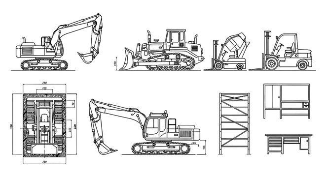 construction vehicles industrial machinery and workshop equipment technical drawings collection for engineering design and architectural plans