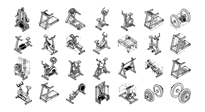 gym equipment and fitness machines a collection of isometric line art illustrations for workout designs