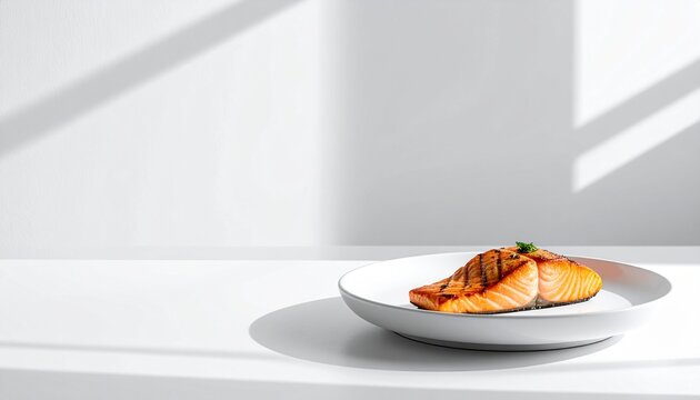 A single grilled salmon fillet on a small white plate placed in the bottom right corner.
Clean white background with soft natural light and subtle shadows enhances texture.