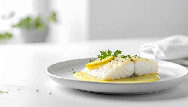 A single piece of steamed white fish with lemon sauce on a simple ceramic plate in the lower left corner.
Pure white background with soft daylight creates a clean and fresh atmosphere.