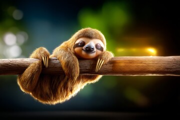 Fototapeta premium Sloth Relaxing on a Branch in Energy Saving Mode with a Clean and Serene Background
