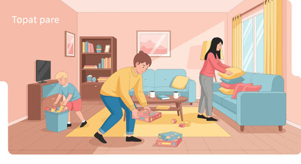 Fototapeta premium Family tidying up living room together.
