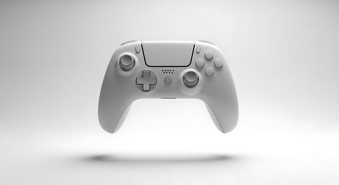 Gray game controller floating in air.