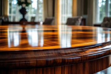 Fototapeta premium close-up of a gleaming polished wooden dining table edge and tabletop reflecting window light, with blurred chairs and decorative vase in a warm elegant dining room