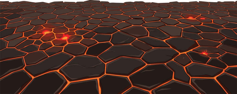 A mesmerizing digital illustration of a cracked earth surface glowing with an inner fiery orange light, suggesting heat and volcanic activity in a unique, abstract landscape