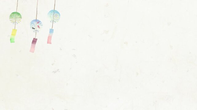 Watercolor wind chime swaying gently, seamless loop animation,4K (10sec), Japanese summer background with copy space/水彩風鈴のシームレスループ背景 コピースペースあり 日本の夏 風鈴アニメーション よこ 和紙テクスチャ
