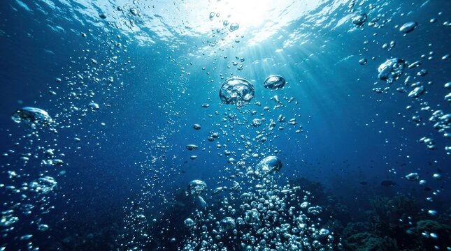 Many air bubbles under water in a deep blue ocean