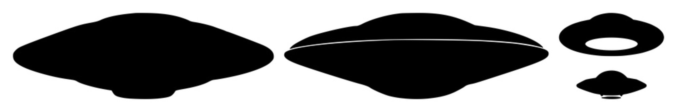 Flying saucer set with black silhouette against white background featuring sci-fi, alien, space exploration with vector illustration and minimalism