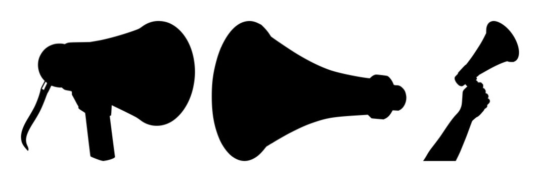 Megaphone set with black silhouette design featuring communication, announcement, amplifier with public address and loudspeaker