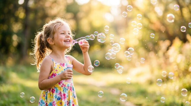 Abstract blurred sunny background with girl blowing soap bubbles outdoor