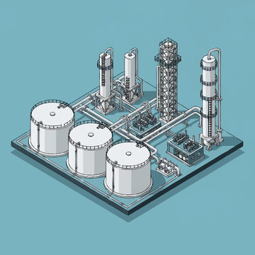 Isometric industrial plant with machinery.
