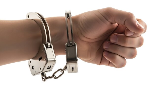 Handcuffed hand in fist position closeup.