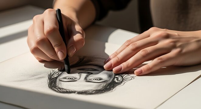 Hands drawing a face with pencil.