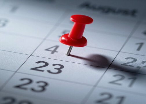 Red thumbtack marking a specific date on a calendar, symbolizing an important reminder, upcoming appointment, or crucial deadline for efficient planning and organized task management