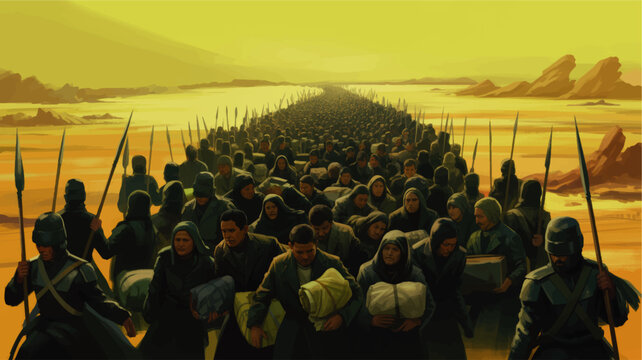 Dramatic military guarded refugee march across surreal yellow desert landscape, crowd of displaced people, dystopian war illustration