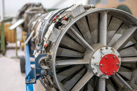 Jet engine on display illustrating engineering advancements in aviation technology at an aerospace museum, General Electric J79
