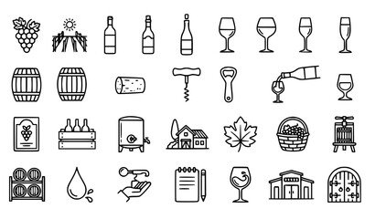 Fototapeta premium Wine and Vineyard Thin Line Icon Set Grapes Bottles Glasses Barrels Corks Vector Collection
