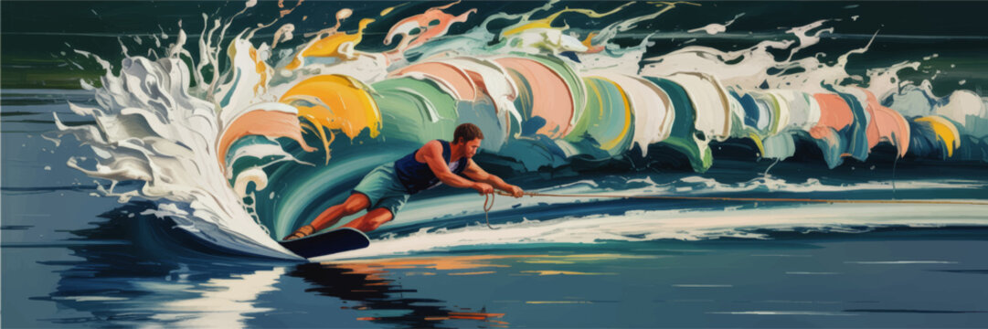 Dynamic wakeboarder riding colorful abstract wave, vibrant digital painting of extreme water sport action for summer lifestyle design