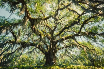 Fototapeta premium Massive sprawling live oak with hanging moss and sunlight filtering through a lush green canopy over sunlit grassy ground, evoking peaceful awe
