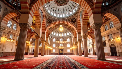 Obraz premium Interior of a large mosque with red carpet and arches