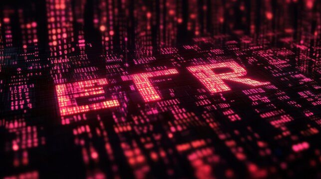 glowing red pixel letters etr formed from digital code on a dark circuit grid, futuristic and intense cyber atmosphere