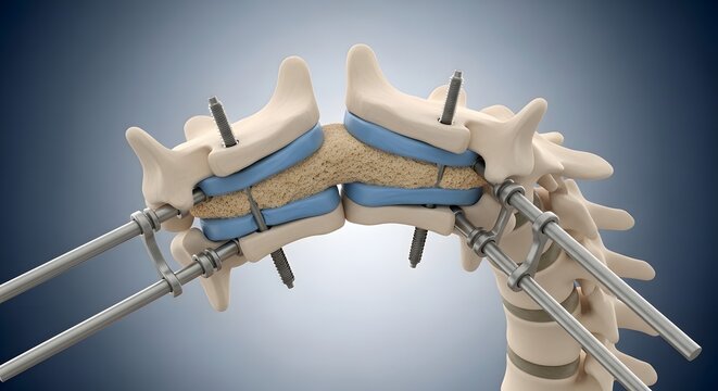 Spinal fusion surgery with pedicle screws and rods stabilizing vertebrae medical illustration