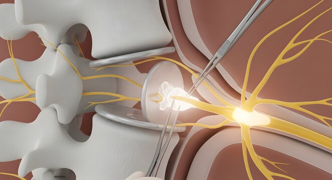 Spinal nerve compression with surgical decompression procedure medical illustration showing sciatic nerve pain relief