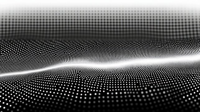 monochrome field of glowing dots forming an undulating wave-like digital landscape, serene and mesmerizing motion