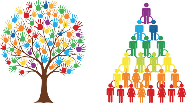 Abstract tree with colorful handprint leaves and rainbow people pyramid representing community unity diversity and social support concepts.