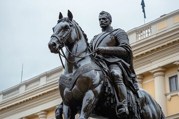 Fototapeta premium bronze equestrian statue of a stoic armored rider on a powerful horse in front of a neoclassical building, conveying a proud and commanding mood