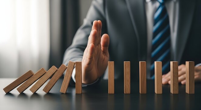 Businessman Hand Stopping Falling Wooden Dominoes - Risk Management, Crisis Prevention, and Business Leadership Concept