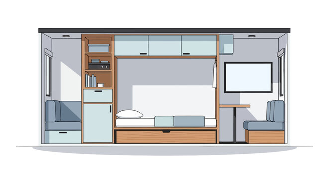 Modern Tiny House Interior Design Layout Vector. Minimalist Micro Apartment with Space-Saving Furniture, Modular Storage, and Studio Living Concept for Urban Environments.