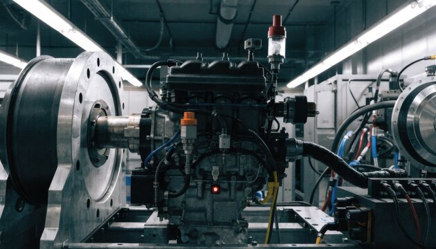 Medium shot of an automotive powertrain test cell with a compact engine mounted on a dynamometer surrounded by sensors and diagnostic instruments under controlled conditions.