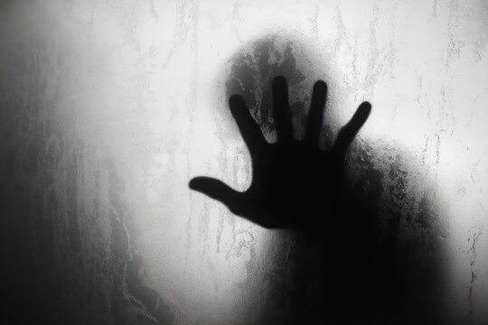 shadowy silhouette pressing a hand against fogged glass, reaching in fear and desperation