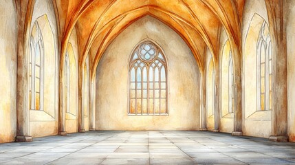 Obraz premium Bright and Spacious Gothic Architecture Interior with Arched Windows and Warm Lighting in an Abandoned Hall
