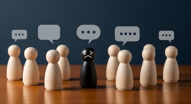 Cyberbullying and Discrimination Concept with Sad Black Wooden Figure Isolated Among Peers, Social Exclusion and Mental Health Awareness Visualization
